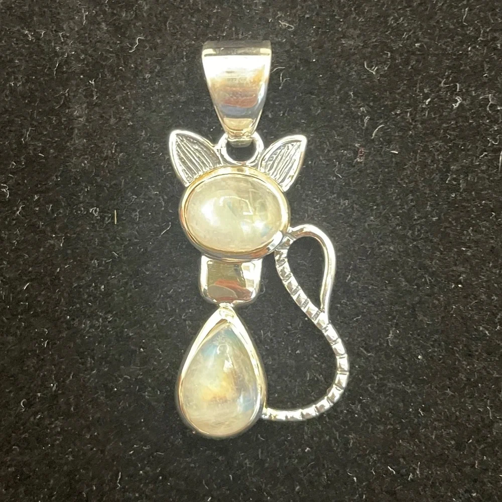 Pear & Oval Cabochon Rainbow Moonstone Silver Cat Pendant